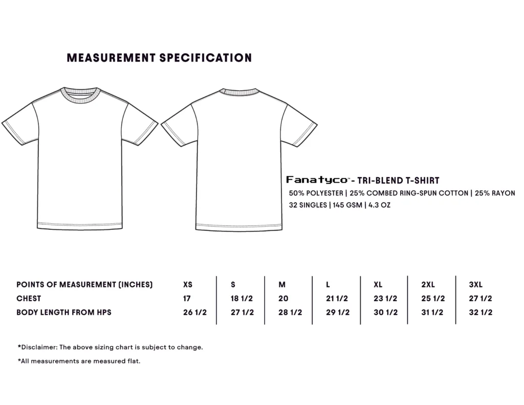 Fanatyco Tri Blend T-Shirt - Size Chart